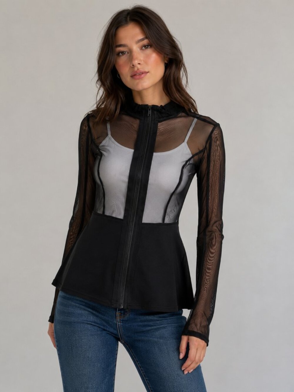 Revamped Size Small Black Mesh Zip Front Sheer Long Sleeves Flared Peplum Waist